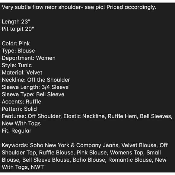 NWT Soho‎ NY Co Womens Velvet Ruffle Top S Pastel Off Shoulder Romantic Feminine - Picture 8 of 8